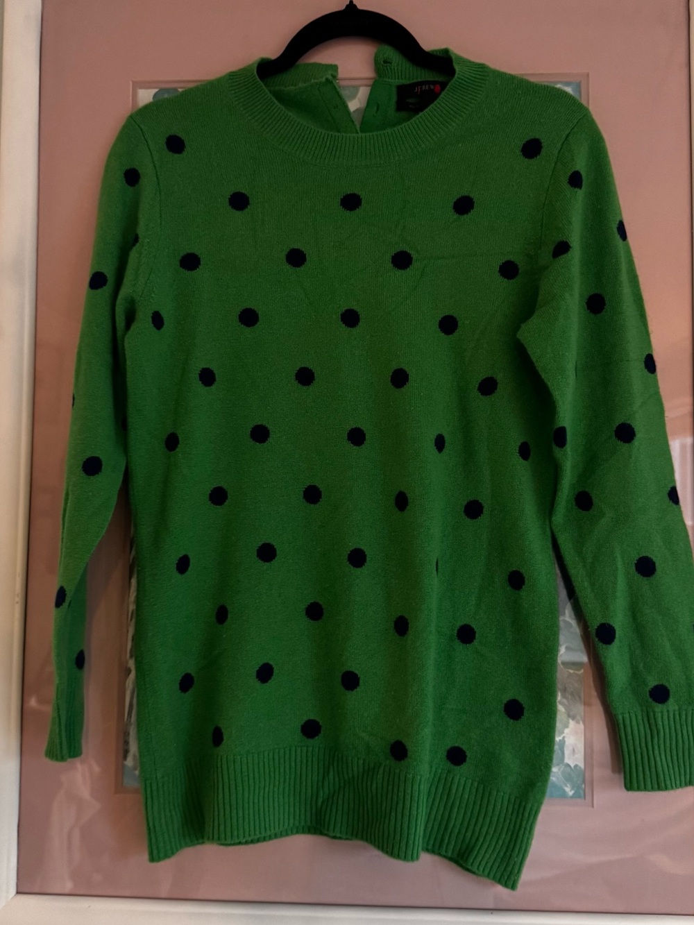J. Crew Green Crewneck Sweater with Navy Polka Dots